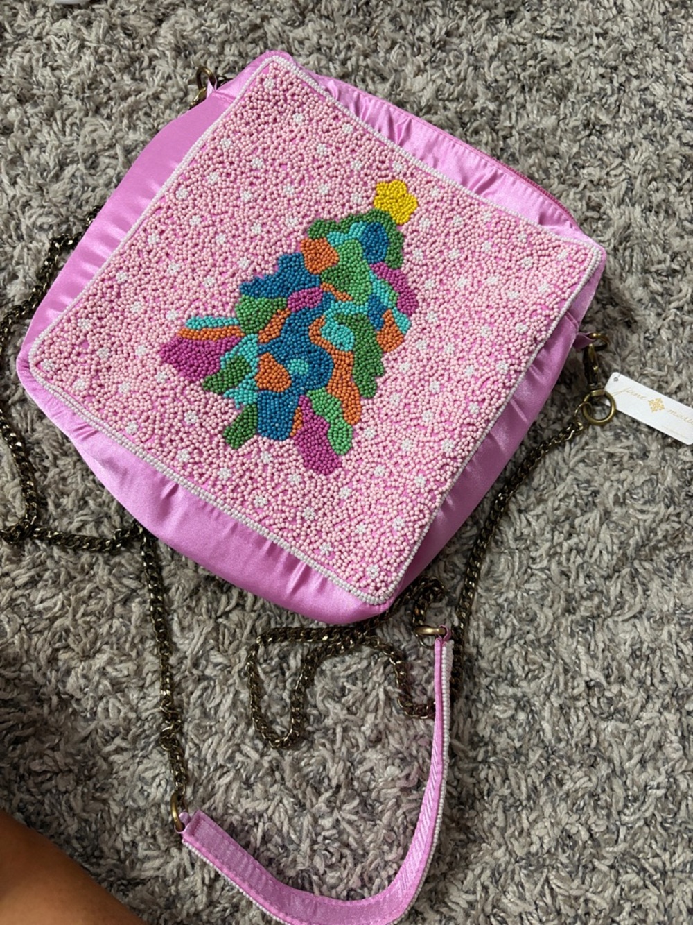 Pink Beaded Crossbody Bag with Multicolor Pattern
